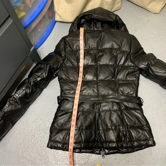Danier Black Leather Puffer Jacket Sz XXS High Neck Bomber Quilted Winter Coat - Picture 10 of 16